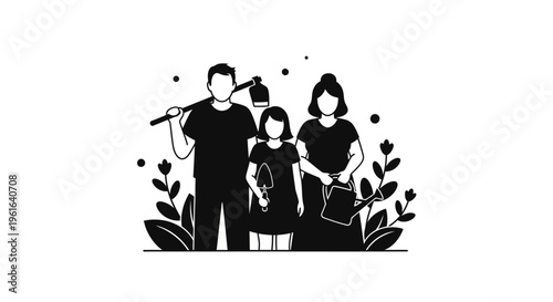 Family gardening together with tools and plants outdoors