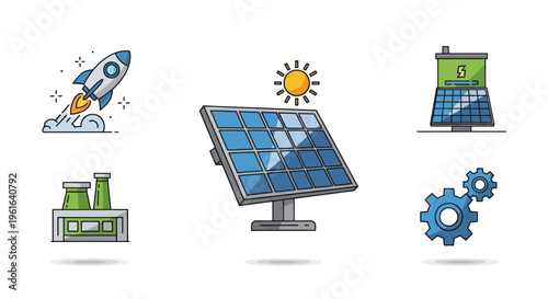 Solar Energy Icons: Rocket, Solar Panel, Factory, Battery, Gears