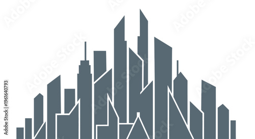 Geometric city skyline silhouette on clean white background