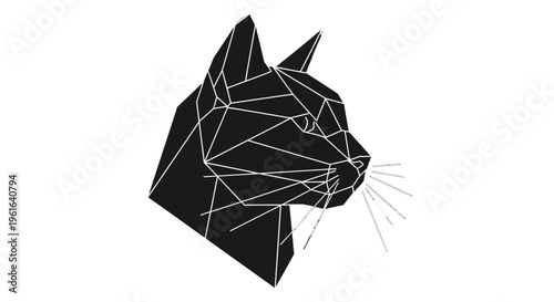 Geometric black cat head profile silhouette on white background