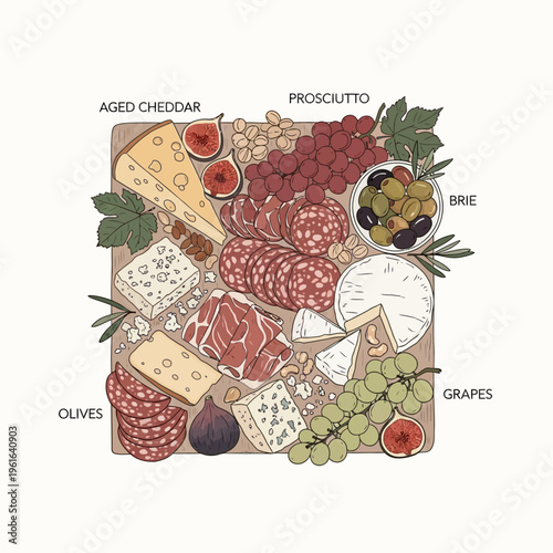 Gourmet cheese and charcuterie board with olives and grapes