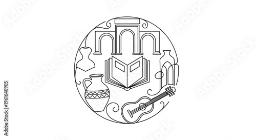 Culture and Art Emblem: Books, Guitar, Vases, Architecture - Line Art