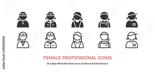 ヘルメットや作業着など様々な職業の女性の上半身アイコンセット