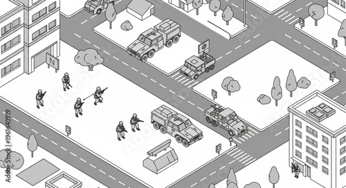 Isometric City Scene with Military Presence and Armed Soldiers.