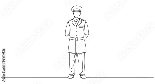 Security Guard Standing, Full Body, Uniform, White Background, Line Art