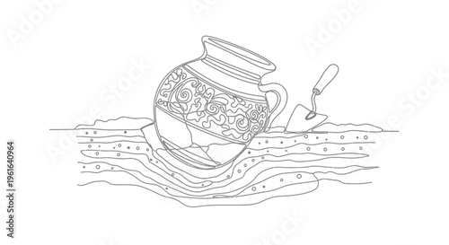 Archaeological Dig: Ancient Pot and Trowel Uncovered in Layers of Earth