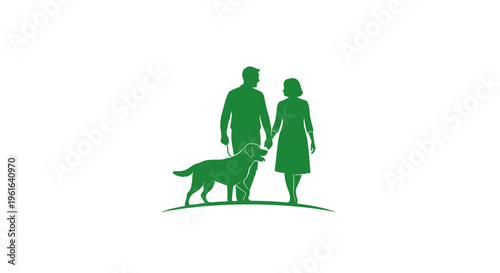 Green silhouette of man, woman, and dog walking