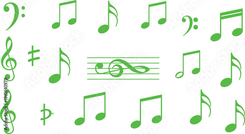 Green, musical, notes, collection, with, treble, clef, bass, clef, and, staff, symbols, isolated, on, white, background, vector, illustration, for, sound, and, melody