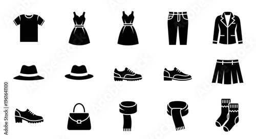 Collection of Fashionable Clothing and Accessories Icons in Black Silhouette.