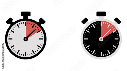 Two black and white stopwatch icons displaying elapsed time with red accents
