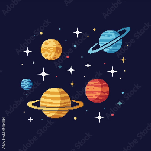 Pixel art illustration of a solar system featuring various planets with rings, cratered surfaces, and striped patterns, surrounded by stars and celestial objects on dark blue background.