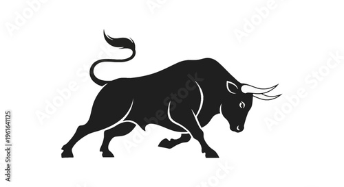 Black silhouette vector illustration of a powerful charging bull with sharp curved horns and a raised tail, depicted in a dynamic side profile view on a solid white background.