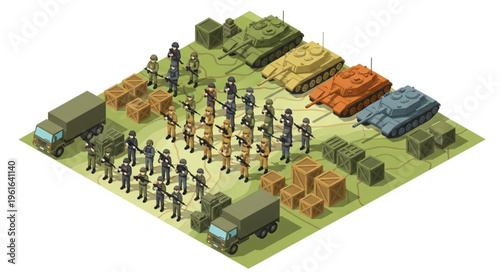 Isometric Military Force - Tanks, Troops, and Supply Trucks Ready for Action.