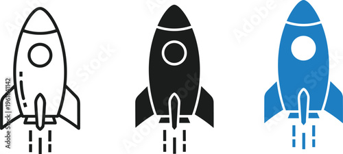 Rocket launch icons set space startup concept spaceship takeoff technology business growth flat line vector illustration modern design collection