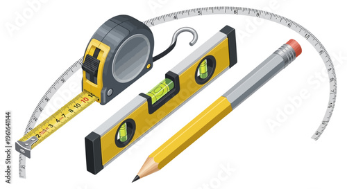Isometric vector illustration of construction measurement tools on white