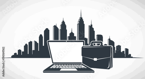 Laptop and briefcase with city skyline in urban business concept