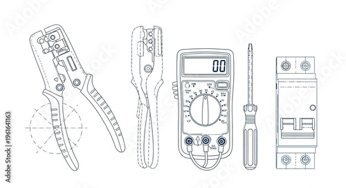 Line art of electrician tools with multimeter and wire strippers