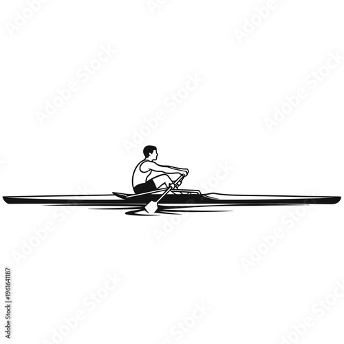 Male athlete rowing a single scull boat on water
