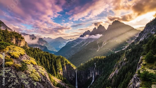 Majestic mountain landscape with misty valley, evergreen pines, and colorful sky at sunrise