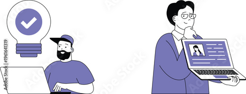 Two professionals engaging in a thoughtful online interview or video call discussion with laptops open