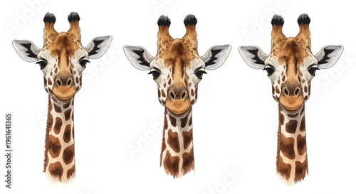 Set of three watercolor giraffe portraits featuring detailed heads and necks with realistic spotted fur patterns and expressive eyes, isolated on a white background for illustration.