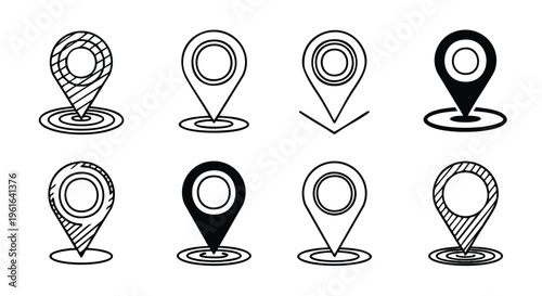 Various style map pin location marker icons on a clean white background for digital navigation and interface design elements