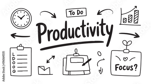 Productivity Concept With Office Icons On White Background For Business Presentations