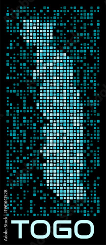 Togo digital dotted map. Shape of the country in cyan color palette on dark background. Futuristic Togo map design. Vector illustration.