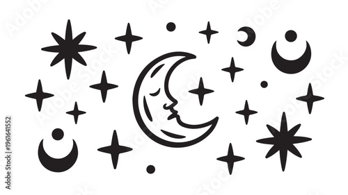 Smiling Crescent Moon Surrounded By Stars And Planets In Night Sky For Astronomy Concepts