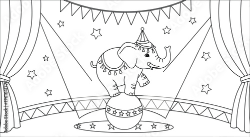 Circus Elephant Coloring Page with Cartoon Animal Balancing on Ball Stage Curtains and Stars Decorative Scene for Kids Activity Book Illustration