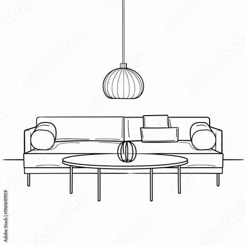 Minimalist living room interior with sofa coffee table and pendant light