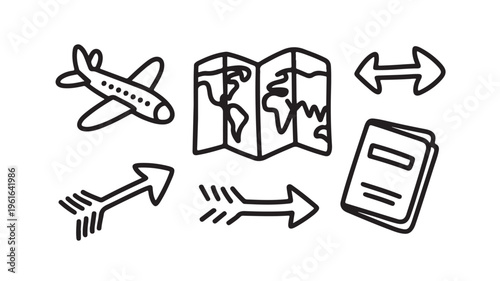 Travel icons set with airplane, map, and smartphone on white background for travel and navigation concepts