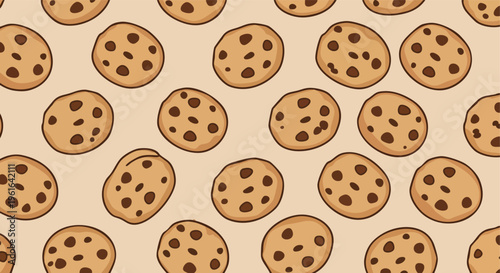 Scattered chocolate chip cookies on a light brown seamless background for sweet confectionery themed designs and digital content creation