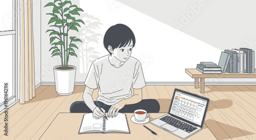 A young boy sits cross-legged on a wooden floor with a laptop, notebook, and cup of coffee in a bright room with a plant and bookshelf.