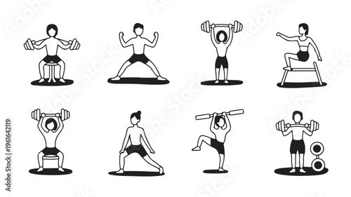 Various People Exercising With Dumbbells In Different Poses For Fitness Concepts