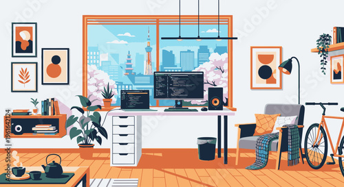 Illustration of a modern home office with a desk, chair, bicycle, and various decor against a white wall with a large window.