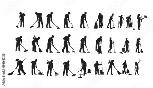 A collection of silhouetted people engaged in various cleaning activities with brooms and mops