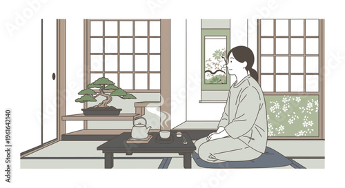 Woman sits cross-legged on a mat in a traditional Japanese room with shoji screens, a bonsai tree, and a low table with tea cups.