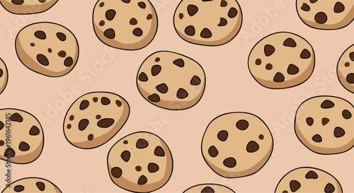Delicious cartoon chocolate chip cookies on a light brown seamless pattern background for sweet bakery menu designs and fabric prints