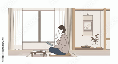 A woman sits cross-legged on a mat in a serene room with a cup and book, surrounded by minimalist decor and natural light.