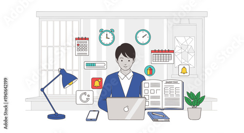 Illustration of a focused businesswoman working on her laptop in a modern office with various productivity tools and a plant on the desk, conveying a sense of organization.