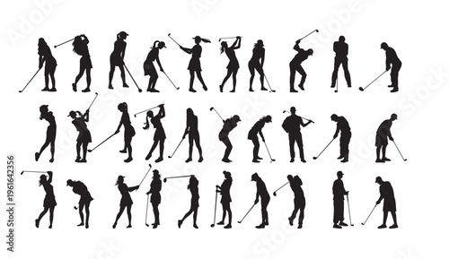A collection of black silhouettes of golfers in various poses and swings on a white background