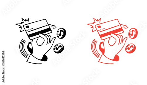 A hand holding a credit card with coins and motion lines illustrating financial transactions