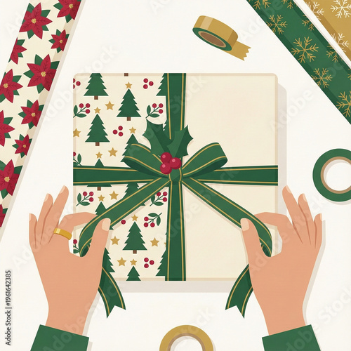 Two hands wrapping a holiday gift box with a set of Christmas seamless patterns copy