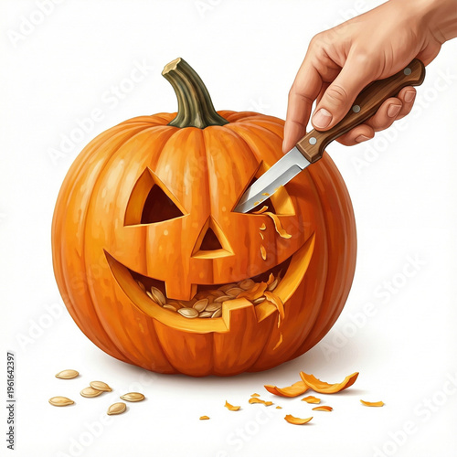 A chef’s hand using a small knife to carve a face into a ripe orange pumpkin isolated on white