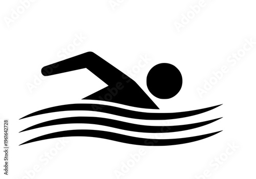 Black silhouette vector icon illustrating a stylized person swimming freestyle stroke above clean water waves representing aquatic sport or safety symbol.