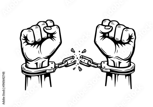 Powerful vector illustration graphic showcasing two clenched fists breaking free from metal handcuffs, symbolizing freedom, protest, liberation, and overcoming oppression or obstacles. Design concept 