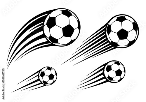 Dynamic collection of fast moving soccer balls with motion trails black and white vector graphic illustration set for sports design concepts.
