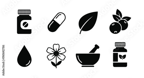 Herbal medicine icons, natural remedies, health symbols, wellness graphics, 8 black vector icons