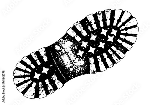 Grungy boot sole vector illustration featuring a distinctive star tread pattern and rough texture design, ideal for outdoor adventure, military, or journey-themed graphic projects.